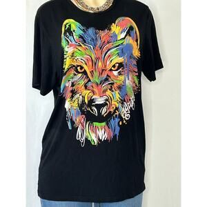 Colorful Wolf Graphic Tee Paint Splatter Streetwear Festival Unisex M